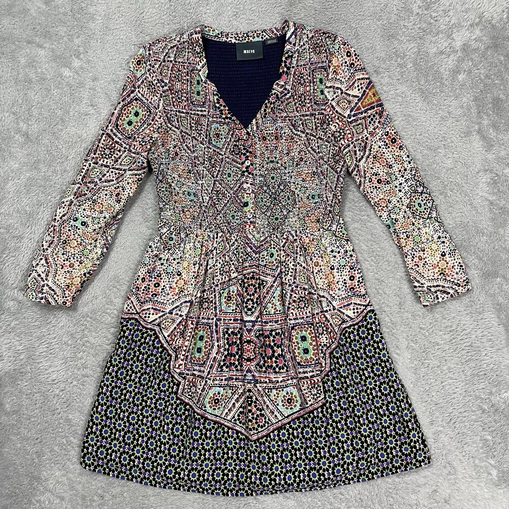 Maeve Fit & Flare Shirt Dress Womens XS Petite Multicolor V Neck Geometric Boho